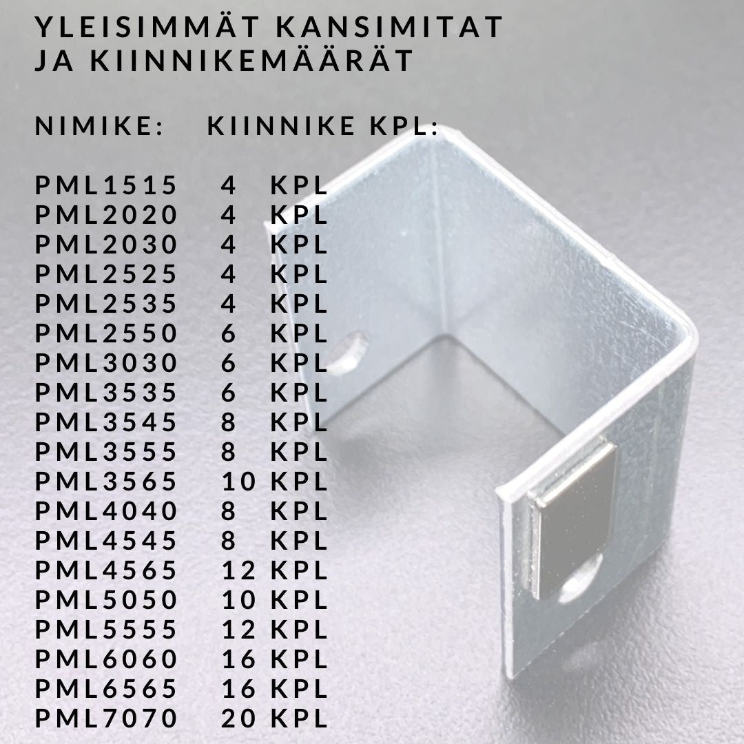 PML-tarkastusluukku 365x1250 magneettikiinnitteinen, yleisimmät kansimitat ja kiinnikemäärät