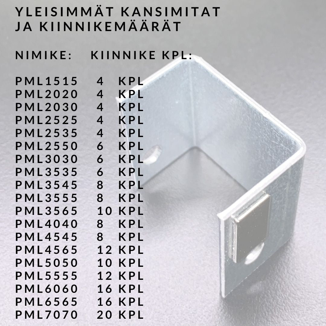 PML-tarkastusluukku 350x1250 magneettikiinnitteinen, yleisimmät kansimitat ja kiinnikemäärät